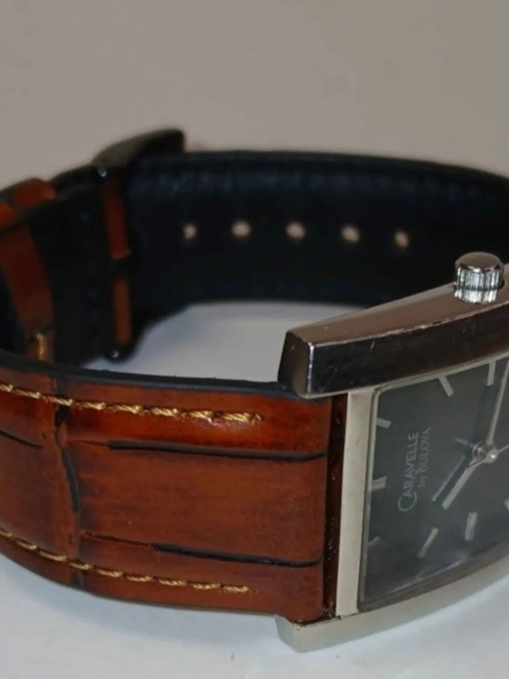 ​Caravelle by Bulova Mens Rectangular Tank Watch Black Dial Brown Leather Strap